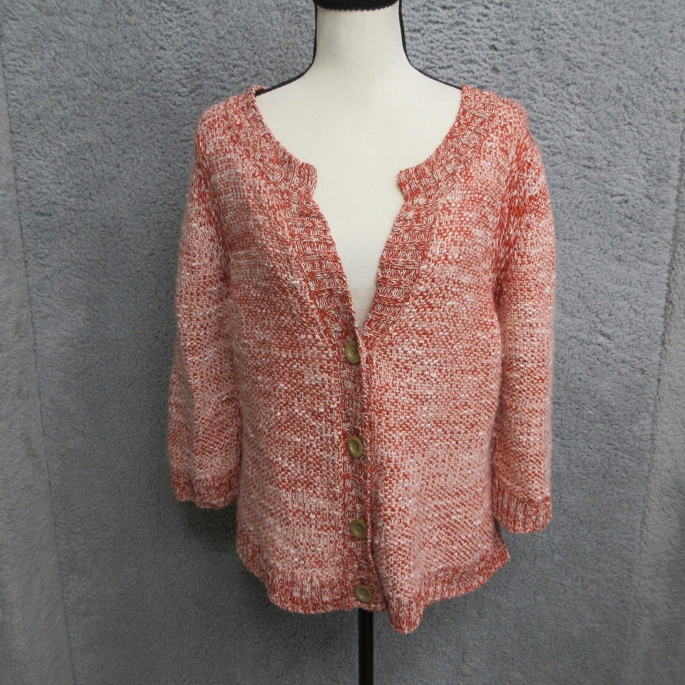 J Jill Linen Silk Cardigan Sweater LP Orange Chunky Texture Knit Coastal Artisan